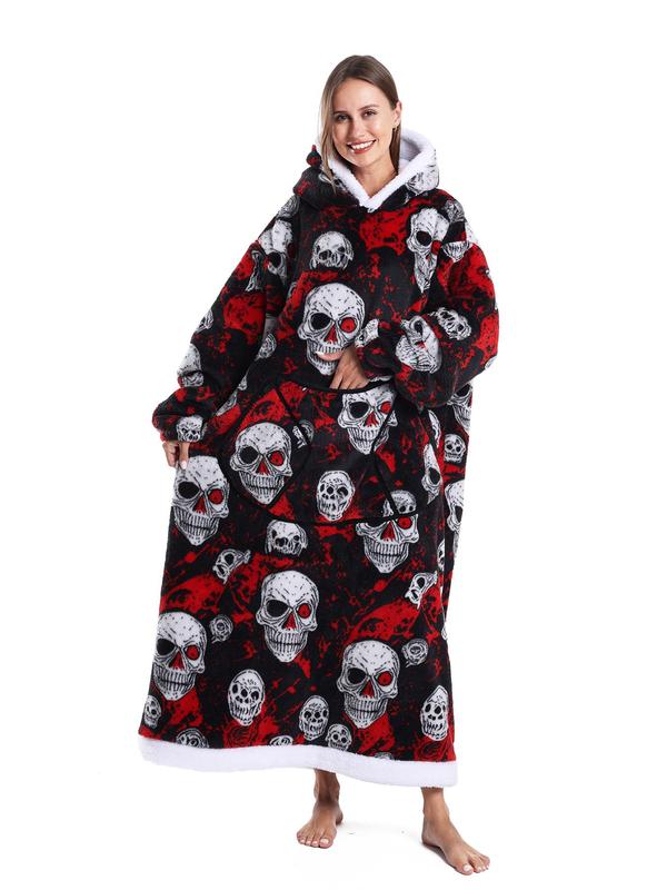 Women's Skull Print Bathrobe, Thick Casual Loungewear with Pockets, Halloween Theme, Fall & Winter, Loose-Fit TV Blanket, Flannel Cozy Blanket