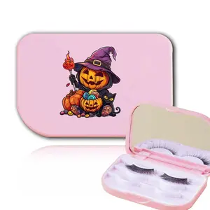 Pumpkin Pattern Eyelashes Organizer Case with Makeup Mirror, 1 Count Durable 3 Pair False Eyelash Travel Storage Box, Ideal Present for Ladies