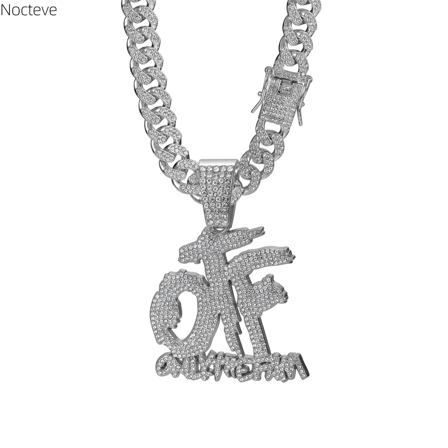 Full Rhinestone OTF Letter Pendant Cuban Chain Necklace, Alloy European American Hip Hop Street Jewelry