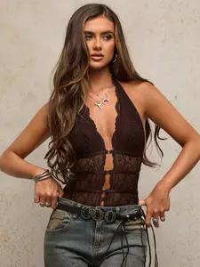 LYNX Womens Deep V Neck Lace Slit Design Sexy Halter Bodysuit