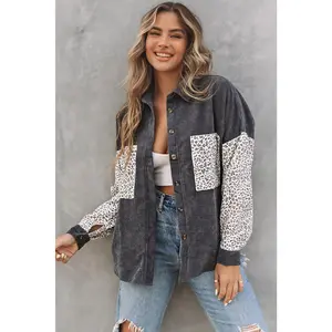 Grey Leopard Patchwork Casual Buttoned Corduroy Shirt Shacket