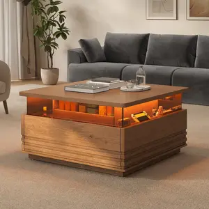 Sikaic Square Horizontal Coffee Table with LED Lights and Tempered Glass Drawer Brown