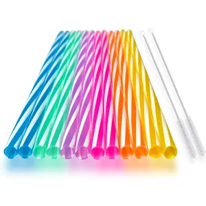 Reusable Silicone Drinking Straws, 12 Pcs Eco Friendly Silicone Straws with 2 cleaning Brushes,for 30oz and 20oz Tumblers, Rtic,Yeti, Ozark, (Two-tone Stripe, 10 inches)
