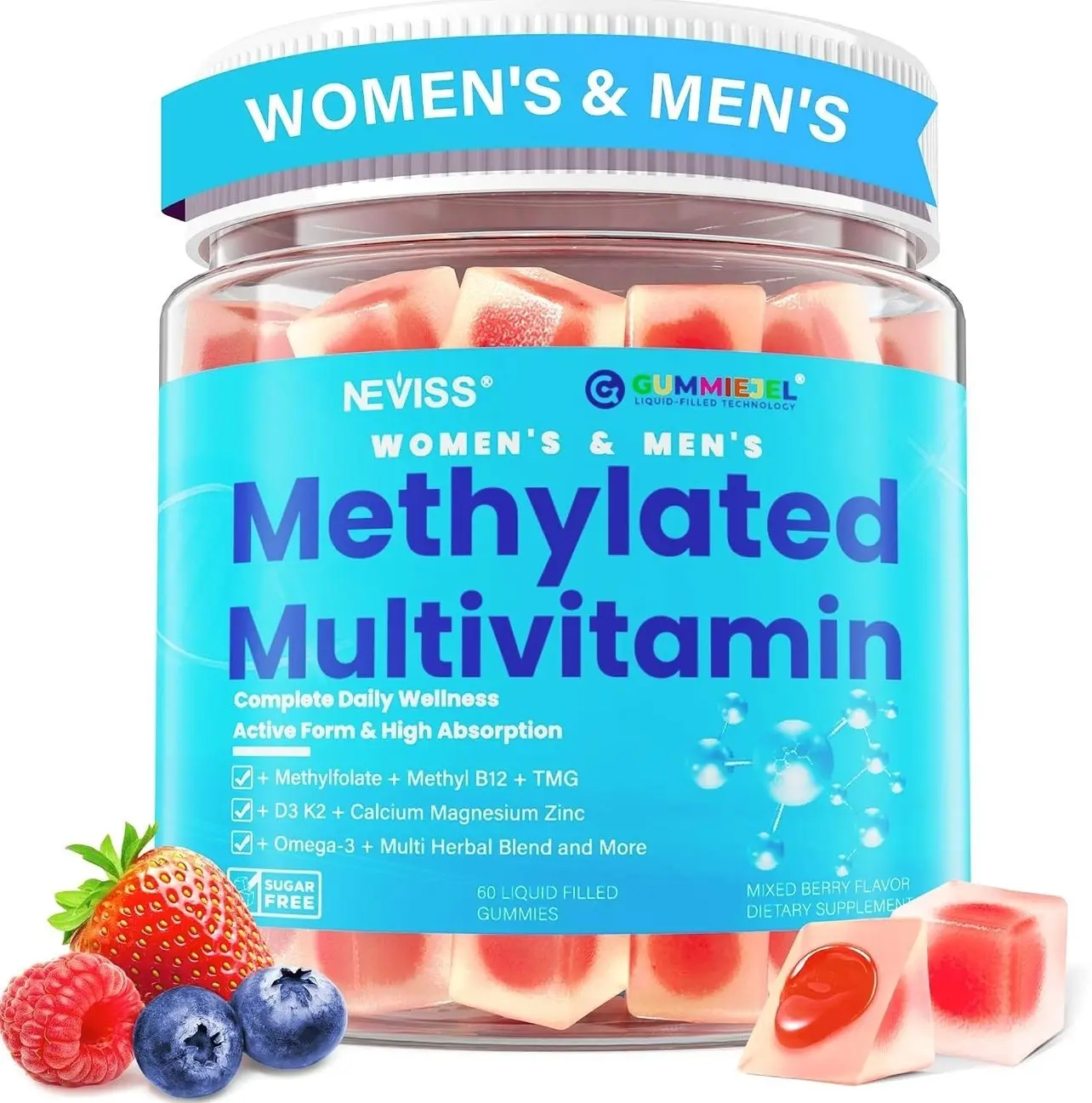 Methylated Multivitamin for Women & Men Gummies w/ Omega-3, Calcium, D3 K2, Methylfolate & B12, TMG, Daily Vitamin A, C, E, B Complex, Magnesium, CoQ10, Probiotic for Overall Health- Vegan, Sugar Free