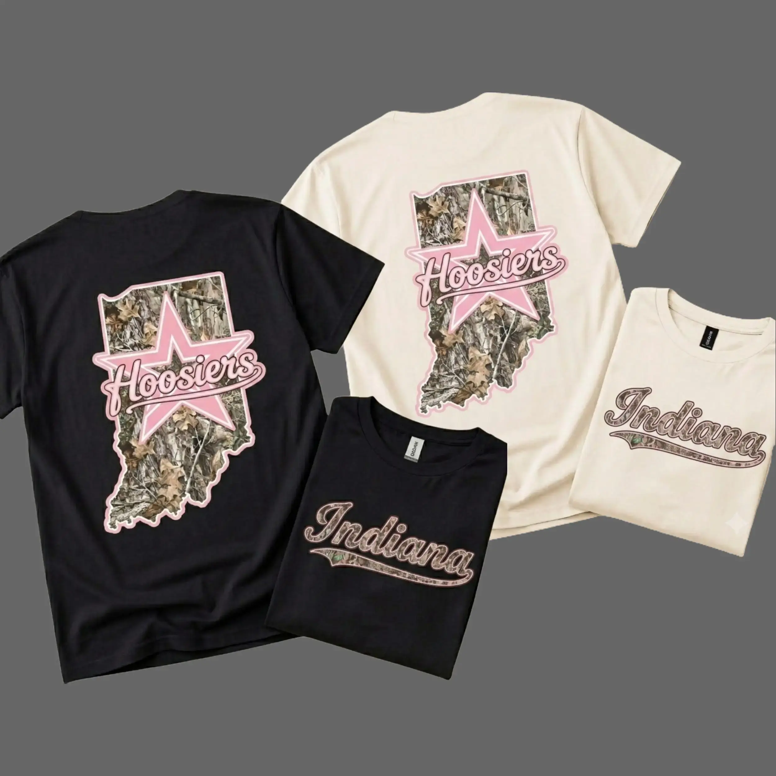 Indi Hoosiers Shirt, Pink Camo Star Graphic Tee, Country Western Midwest Aesthetic T-Shirt, Unisex Clothing, Camo Design, Menswear Streetwear Casual T-Shirt Crewneck Shortsleeve