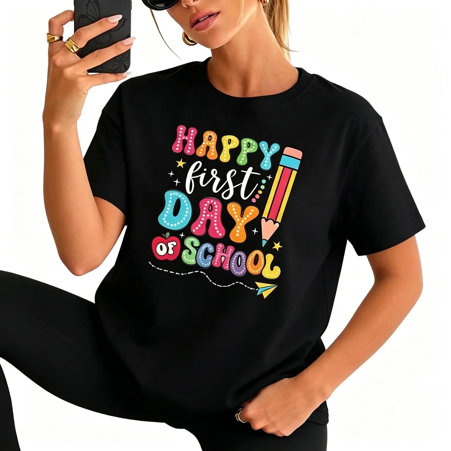 Men's Casual Wear Short-Sleeve Tee Accessory - Fun Teacher Back to School Iron-On Stickers, Happy First Day Design, Teacher Decor, Happy Print