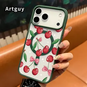 Transparent Phone Case for iPhone 17 Pro Max 16 Plus 15 14 13 12 11 Air E Cherry and Bow Pattern Acrylic Back Anti-Drop Strong Magnetic Sunction Bumper Cover Gift for boy girl