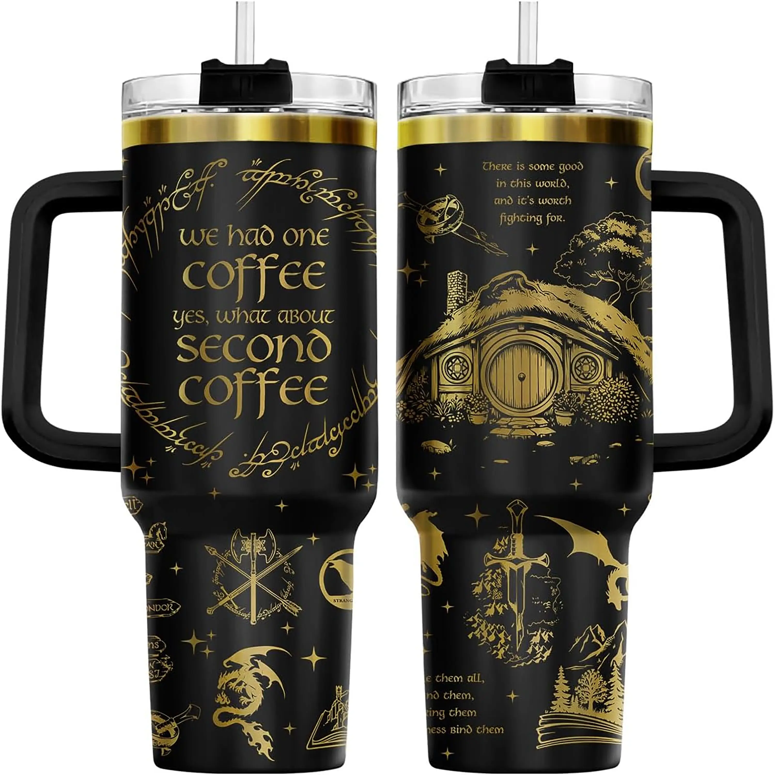 Second Coffee Hobbit Tumbler 20oz/40oz with Handle - Lord of the Rings Travel Mug - LOTR Middle Earth BookTok Fantasy Cup