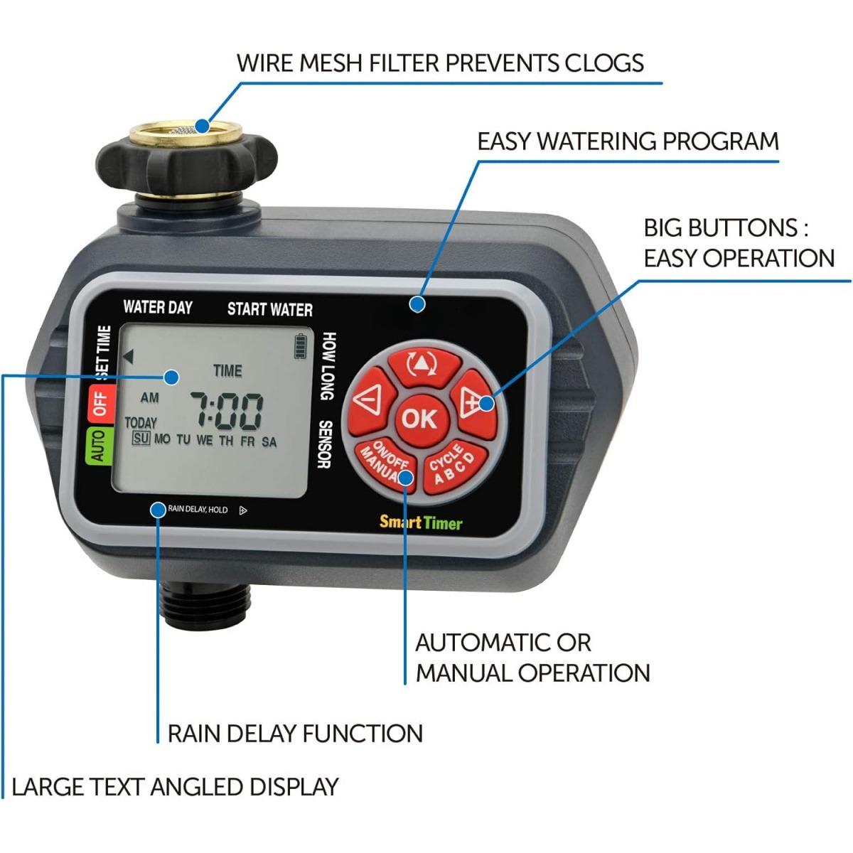 Digital Water Timer with LCD Display 1-Zone Programmable Manual Watering Rain Delay Moisture Sensor Compatible Eden 93411 Sprinkler System Timer for Garden Lawn Plant Watering