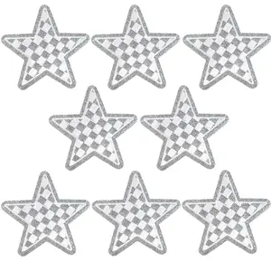 CY Iron On Patches 8PCS Silver Glitter Stars Embroidered Checkerboard Applique Cute Fashion DIY Accessories for Hats Clothing Bag Jacket