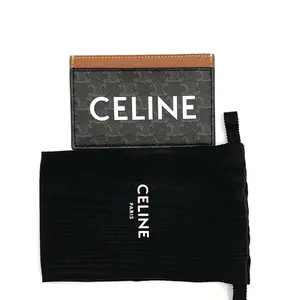 Pre-owned Celine Leather Card Holder Logo Black W/Dust bag #4354