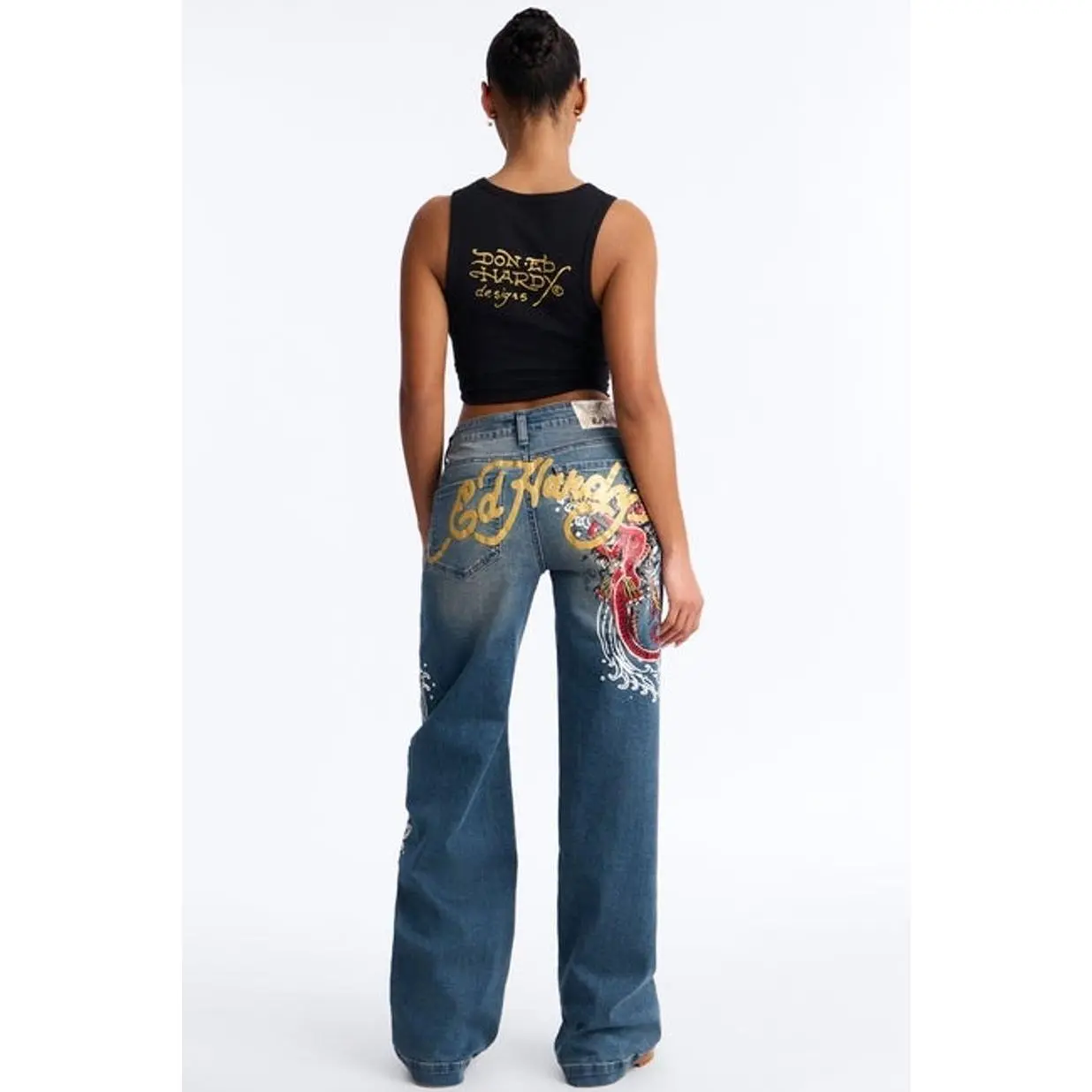 Women's Ed Hardy Graphic Wide Leg Jeans - Cotton-Rayon Blend, Vintage Wash