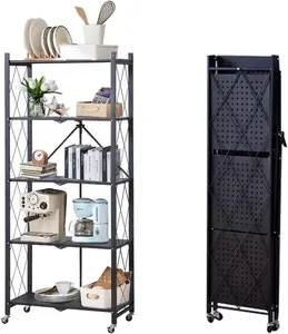 HOBBYLANE 5 Tier Foldable Kitchen Storage Shelves with Wheels, Large Capacity Shelving Unit, Collapsible Organization Storage Rack Bookshelf, No Assembly Organizer Rack for Kitchen, Pantry, Office