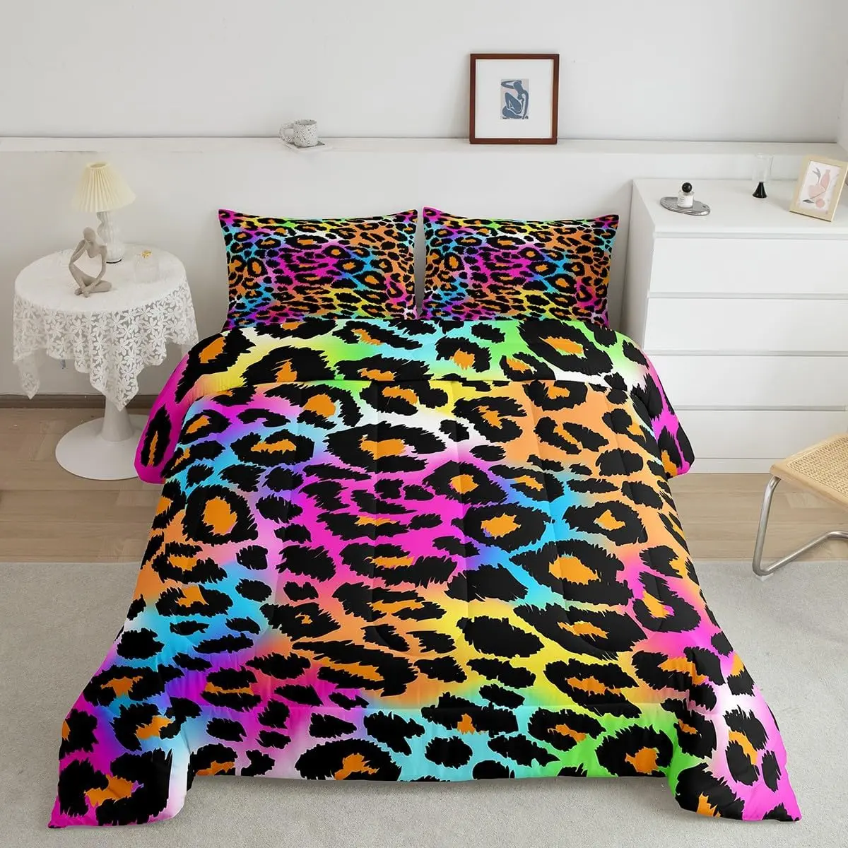 Feelyou Leopard Print Comforter Set - Neon Rainbow Leopard Fur Bed Set, Mottled Exotic Panthera Skin Duvet, Colorful Camouflage Safari Theme Bedroom Bedding, Bed Sets, Bedroom Bedding Set
