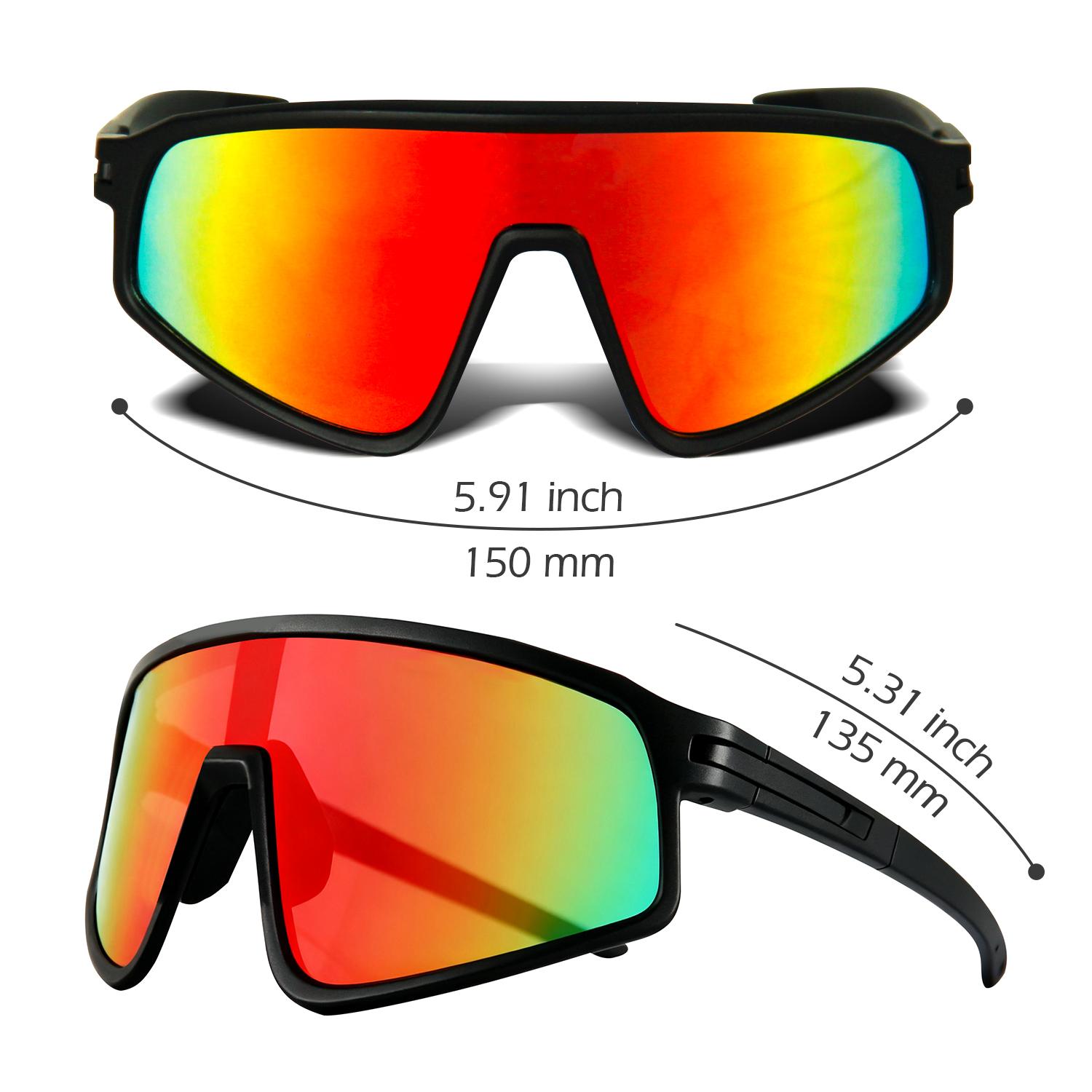 Red Mirrored Cycling Sunglasses for Men Women, Oversized PC Frame & Lens, 150mm Wide Shield Sports Glasses, UV Protection