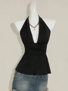 AESS Halloween Women's Halter Backless Black Babydoll Tank Top  Backless Halter Top Peplum Top Women Halter Tops For Women