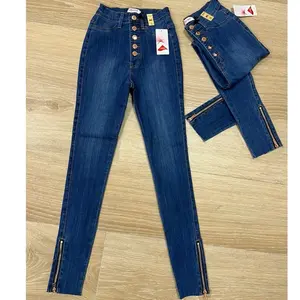 Vibrant de 5 broches azul claro con detalles de ziper en el tobillo superior talle alto con poco strech