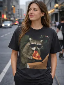 Raccoon Eating Pizza - Funny Meme Shirt Funny Graphic Tee Silly Shirt Gift Sarcastic Novelty Shirts Womens Funny Racoon Meme T-Shirt Vintage