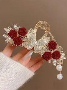Elegant Rose Flower Fringe Butterfly Hair Claw, Perfect for Daily Wear, Festivals, Friend Gatherings, Stylish Hair Accessory, Flower Hair Clip