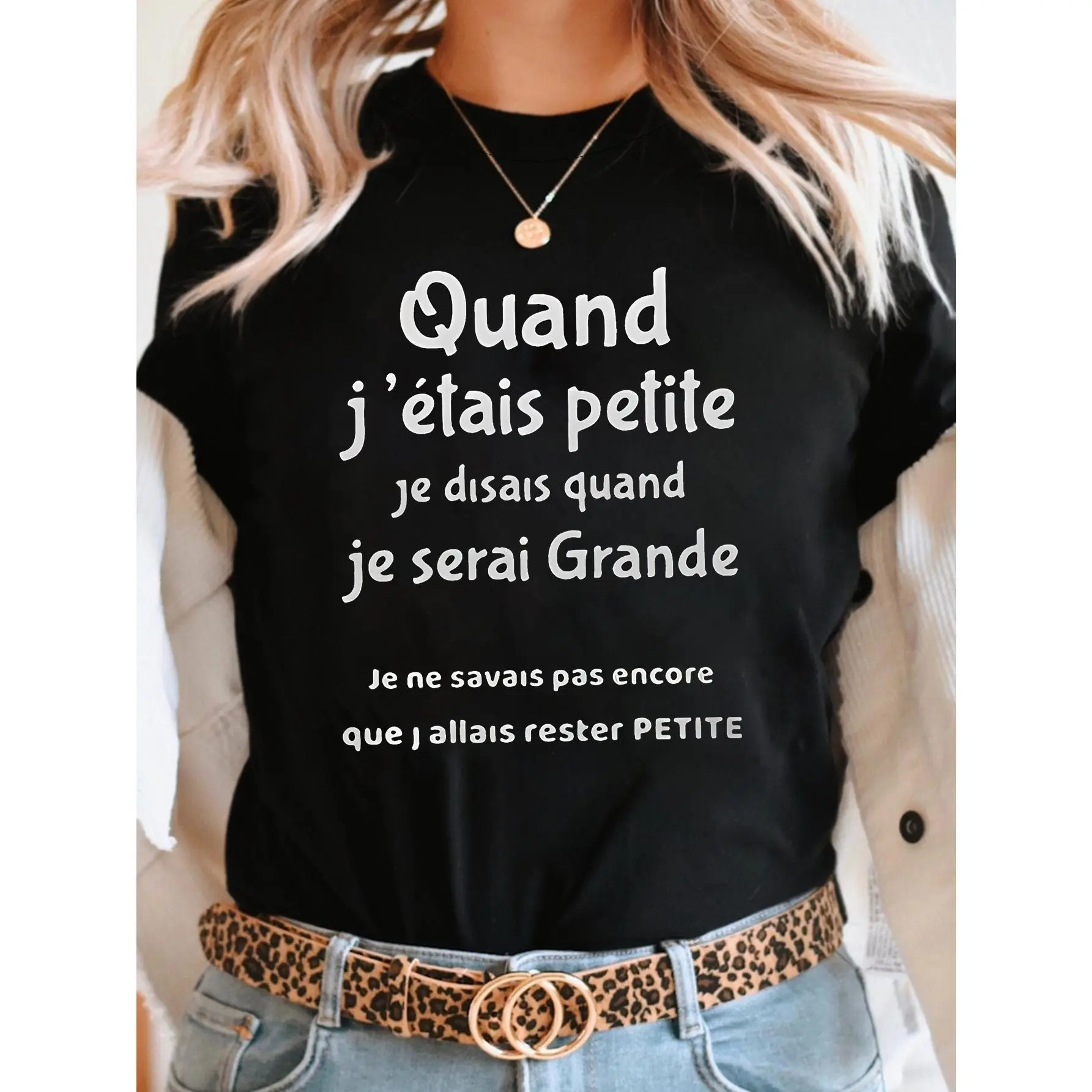 Quand J Etais Petite Letter Print T-shirt, Short Sleeve Crew Neck Casual Top for Summer & Spring, Women's Clothing