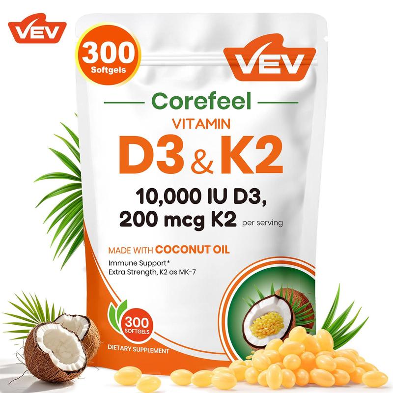 VEV 2-in-1 Vitamin Supplement D3 10000 IU & K2 200 mcg with Virgin Coconut Oil 300 Softgels for Immune Support Extra Strength MK-7