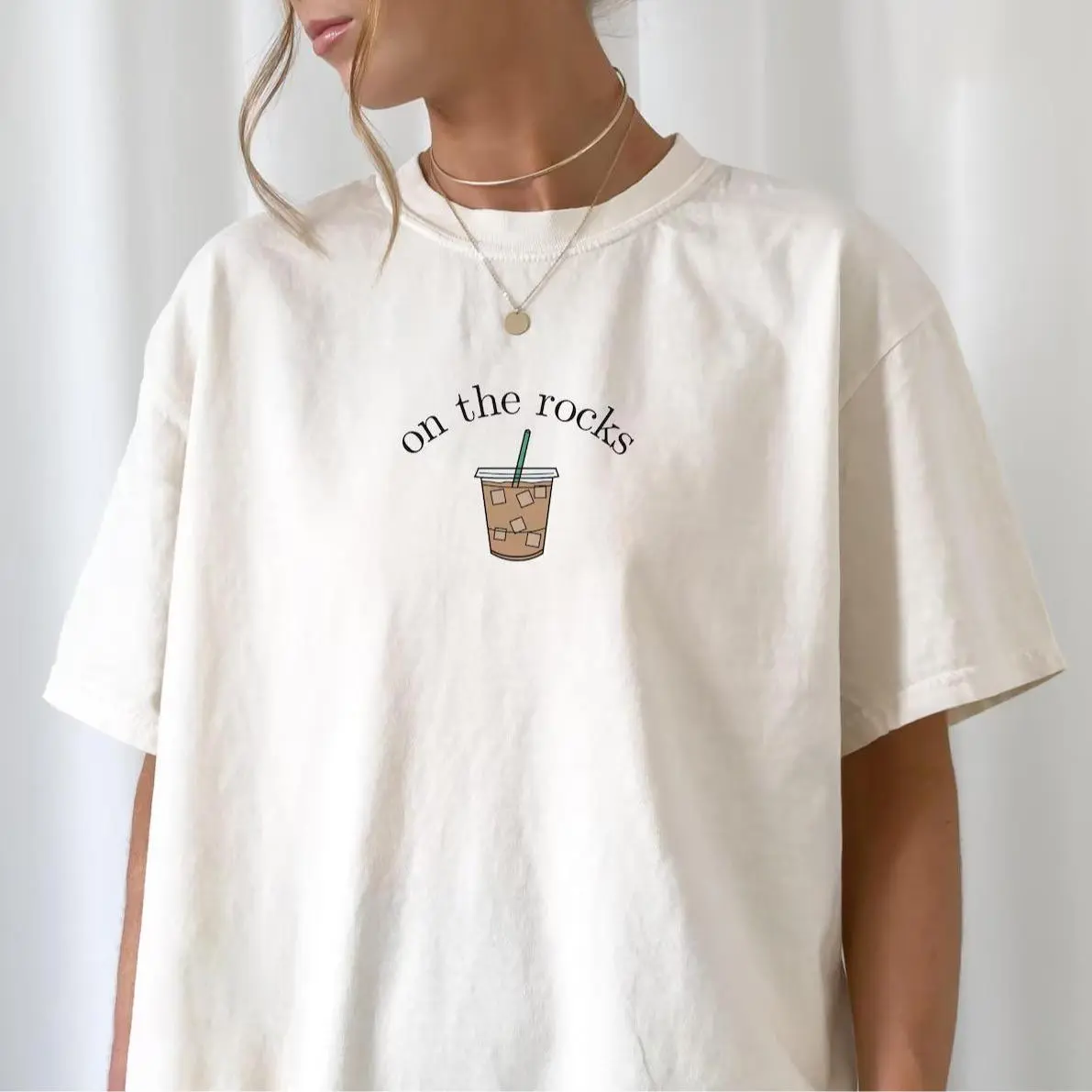 Women's Iced Coffee Printed Motif Tshirt, Casual Round Neck Soft Cotton Top, Short Sleeve Loose Fit, Machine Wash, Women's Clothes, Graphic, Morning Outings, Gift For Coffee Lovers, Coffee Themed Printed Elements