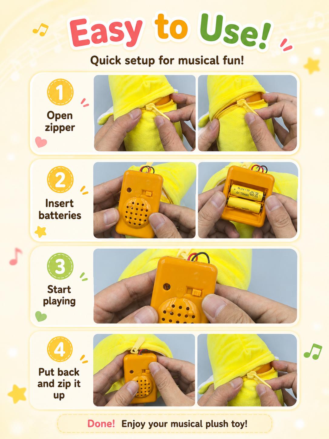 Soft Plush Interactive Musical Fruit Shapes Stuffed Toy (Banana/Strawberry) for Ages 3+, Tactile Play, Touch Sensors, 15 Built-In Songs, 2-Player Mode Parent-Child Interaction, Free Rechargeable AA Starter Kit (Batteries+Mini Screwdriver), 22x9.5x20cm, Tw