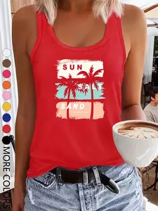 2026 Summer Creative Simple Women's Sleeveless Design Tank Top, Coconut Tree Print, Casual Loose-Fitting Round Neck Shirt, Multi-Color Options, Womenswear