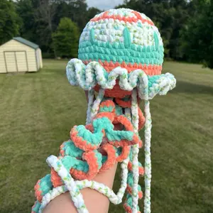 Crochet Jumbo Jellyfish - Colorful Handmade Craft Item Featuring Vibrant Coral and Teal Accents