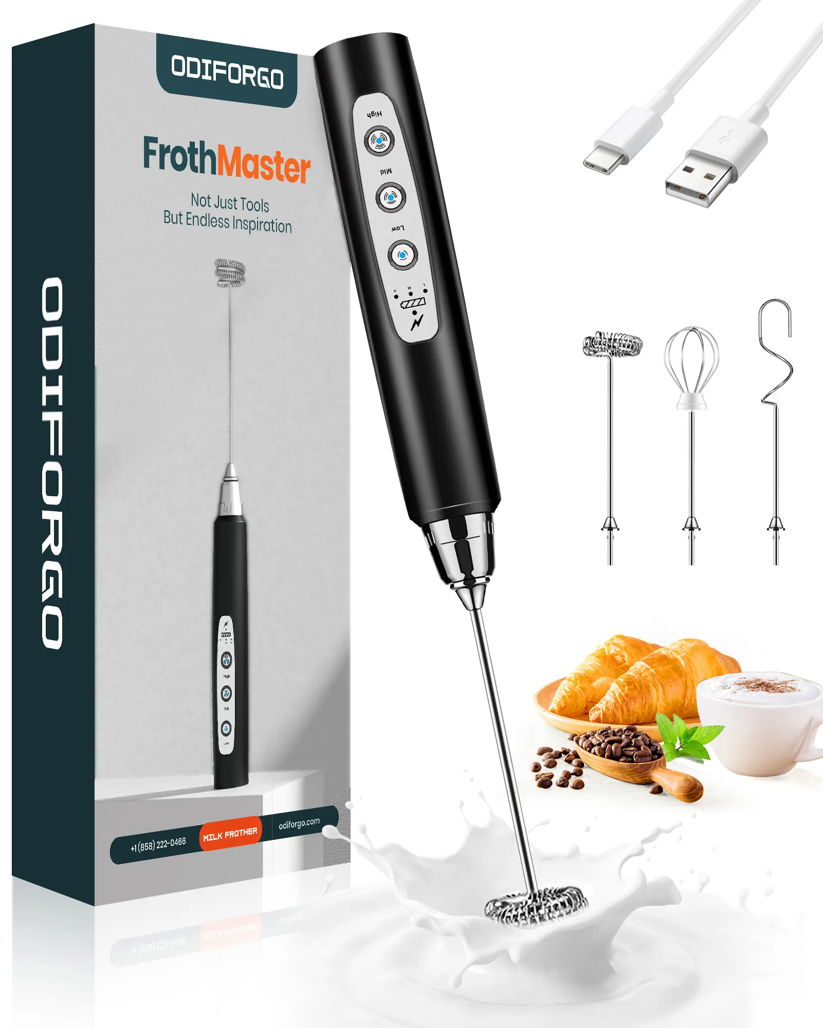 ODIFORGO Rechargeable Milk Frother,Milk Frother Handheld with 3 Heads 3 Speeds,Coffee Mixer,Frother Wand Drink Mixer,Electric Milk Bubbler,Detachable Stainless Steel Whisk for juice,Prebiotic Powder,Latte,Cappuccino,Matcha,Egg (Black)