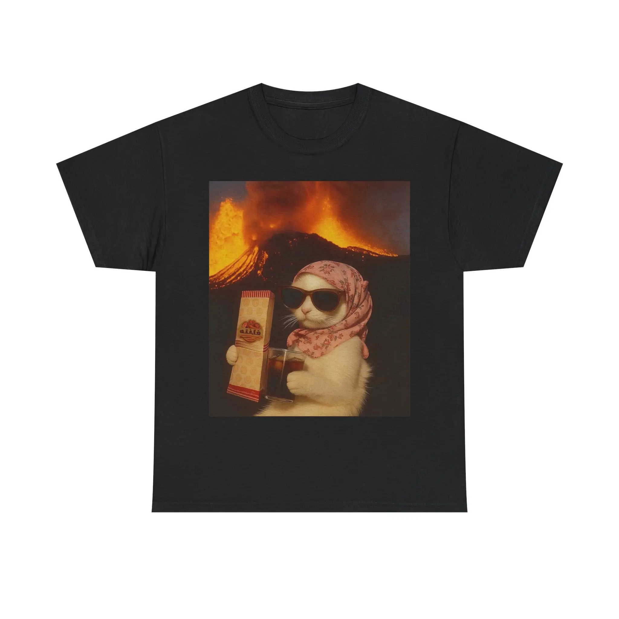 Funny Fancy Cat Unisex T-Shirt – Classy Cat with Drink & Volcano Explosion Meme Tee