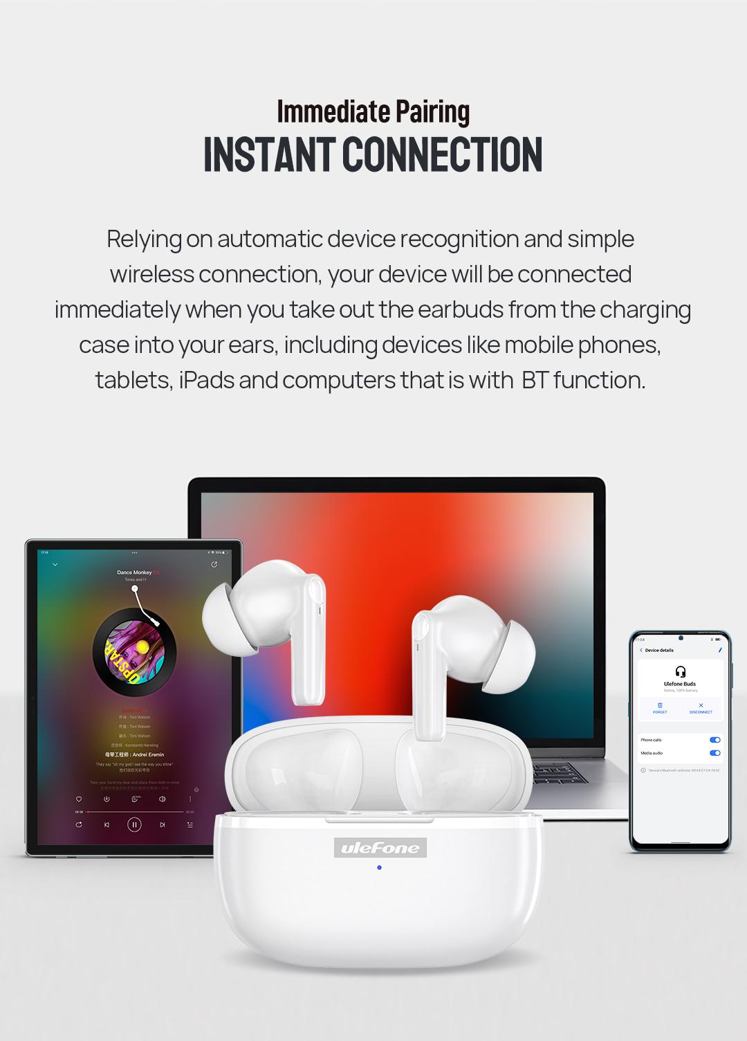 Ulefone Wireless Headphones Earbuds, in Ear Microphone, Bluetooth 5.1, Type-C Charging, Touch Control, LED Display, for iPhone/Android/iOS, Black&White