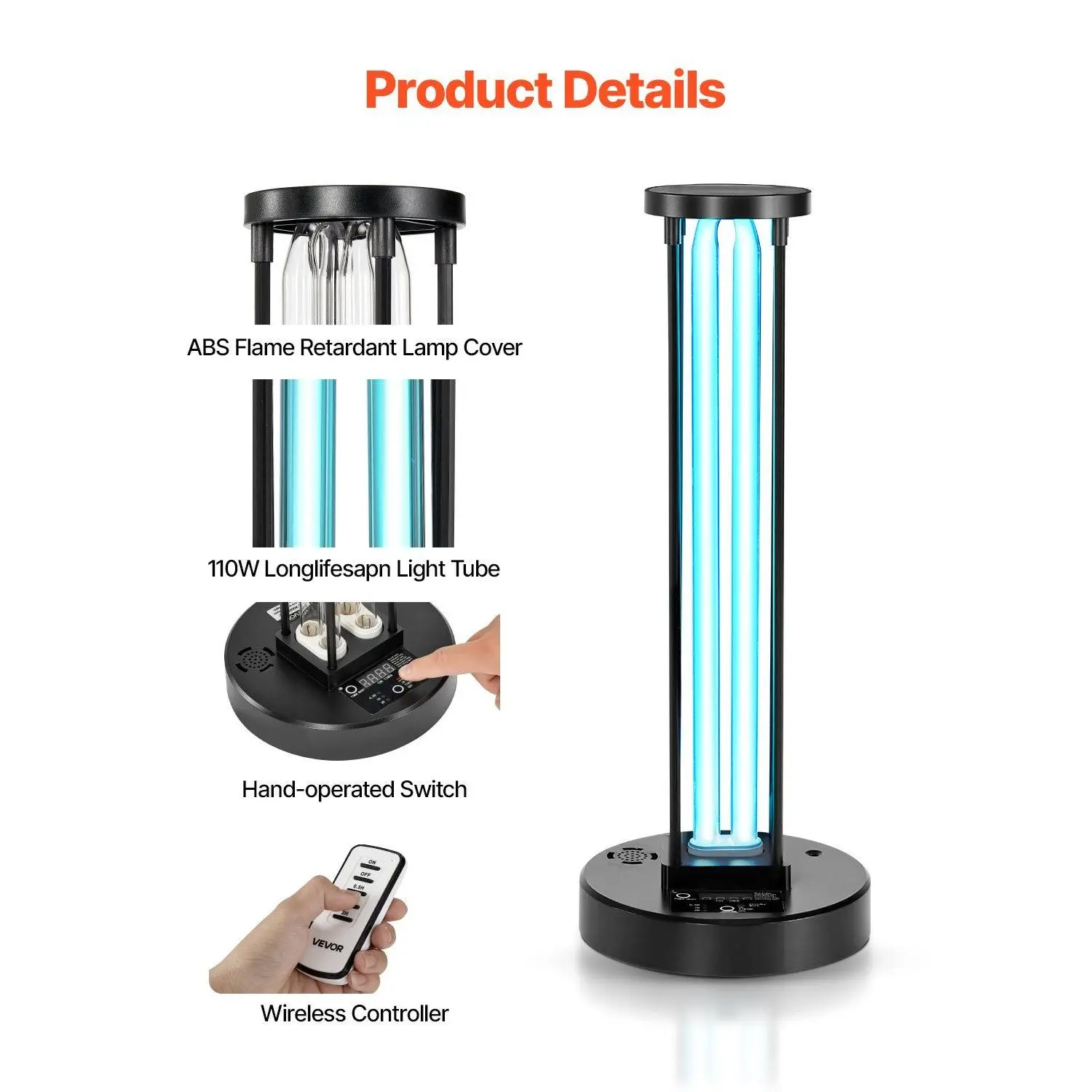 VEVOR High-Transmission Quartz Tube UV-C Air Purifier, 36W Dual UV-C & Ozone Technologies, 0.5h/1h/2h Setting Timers for Bedroom & Compact Spaces