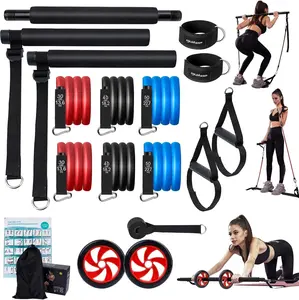 GYMSETTER Pilates Bar Kit with 6 Resistance Bands, Door Anchor and AB Roller for Legs, Hip, Waist and Arm