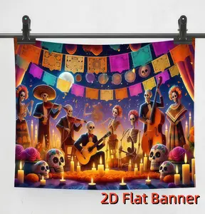 Day of the Dead Backdrop Banner 2D Flat Polyester Wall Hanging with Mariachi Band Colorful Skulls Festive Accents for Home Office Outdoor Party Decor No Electricity Required