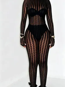 Knitted Women Seamless Jumpsuit Lingerie Sexy See Through Hollow Striped Long Sleeve Stretchy Skinny Midnight Outfits