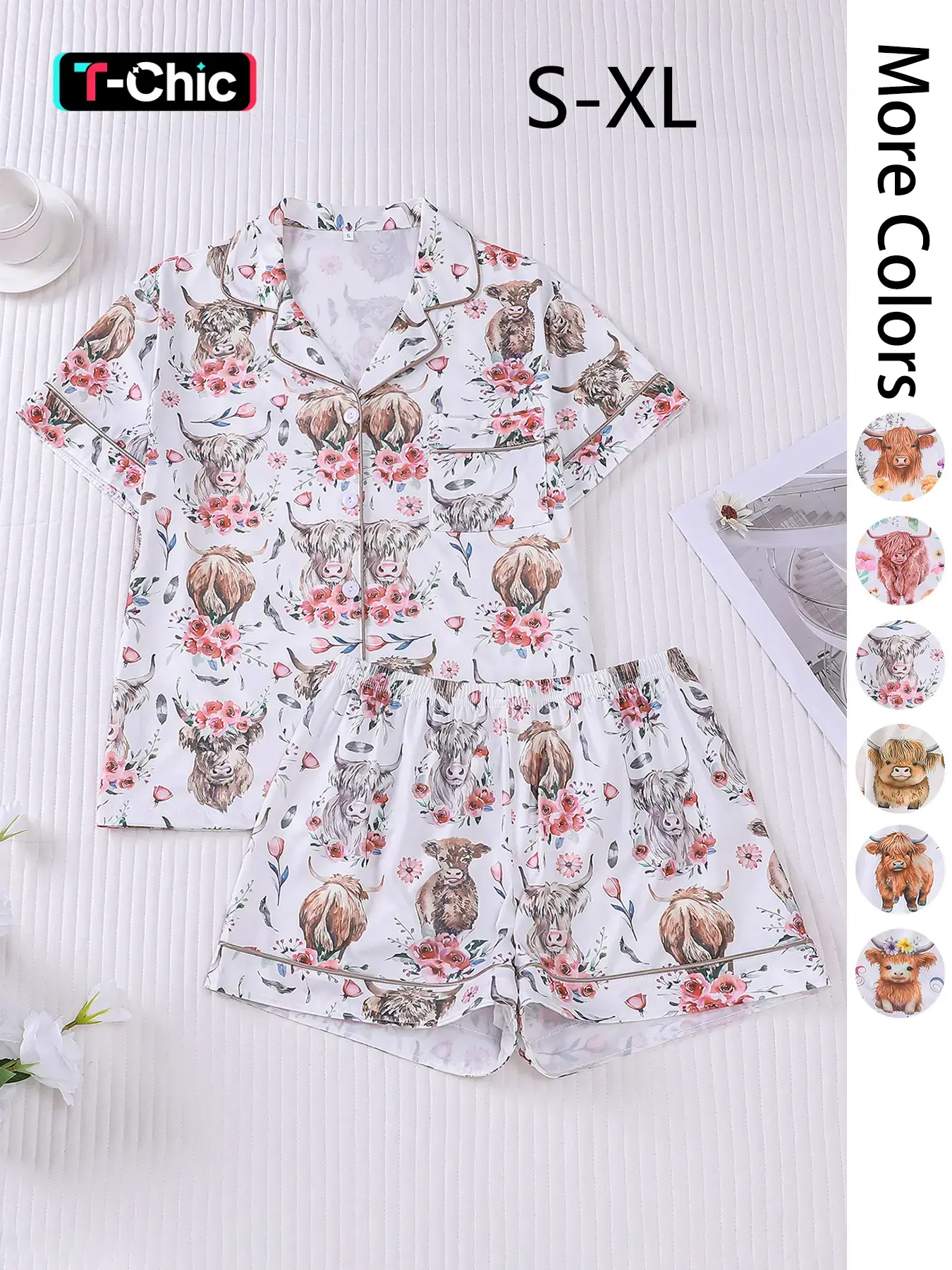 Women's All Over Print Pajama Two-piece Set, Casual Comfy Short Sleeve Top & Elastic Waist Shorts Loungewear Set, Ladies Summer Sleepwear Pjs, Pyjamas, Casual Pajama Sets, Pajama Outfit, Womenswear