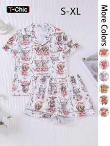 Women's All Over Print Pajama Two-piece Set, Casual Comfy Short Sleeve Top & Elastic Waist Shorts Loungewear Set, Ladies Summer Sleepwear Pjs, Pyjamas, Casual Pajama Sets, Pajama Outfit, Womenswear