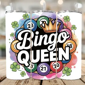 Bingo Queen 20oz Tumbler with Vibrant Bingo Ball Design and Lucky Clover Accents for Gamers Bottle Drinkware Water Bottles Cup Mug Washable Reusable Portable Bottled