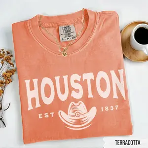 Houston Texas Shirt Comfort Colors, Retro Western Cowboy Hat T-shirt, Vintage Distressed Unisex Tshirt, Rodeo Fan Shirt, Souvenir Gift