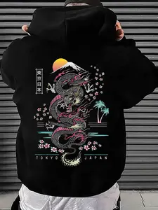 Autumn/Winter New Arrival Men's Long-Sleeved Hooded Sweatshirt with Pockets Dragon Pattern Print Design Regular Fit Oversized Casual Sportswear for Fitness, Running, Travel, Holidays, Outdoor Camping Men's Outerwear