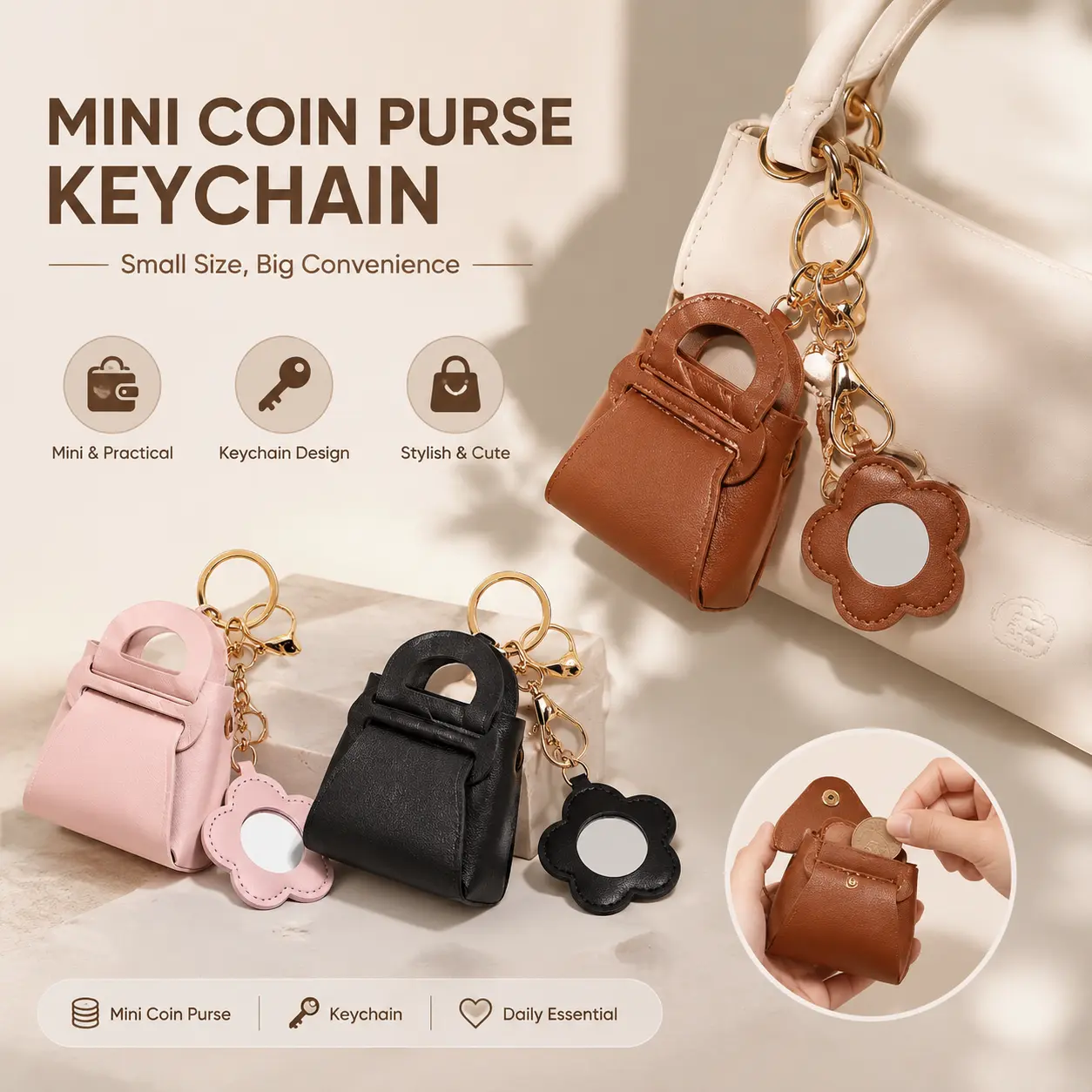 【Back to School】Mini PU Leather Keychain Coin Purse, Solid Color Tiny Storage Pouch With Flower Mirror, Creative Small Bag Charm For Earbuds Coins Women Accessories - MM2
