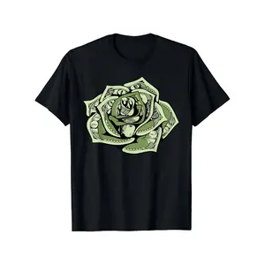 $100 Bill Currency Design Unisex T-Shirt - One Hundred Dollar Bill Rose & Money Rose Print, Soft Breathable Cotton Round Neck Short Sleeve, All-Season Casual Top, Novelty Currency Apparel, Machine Washable