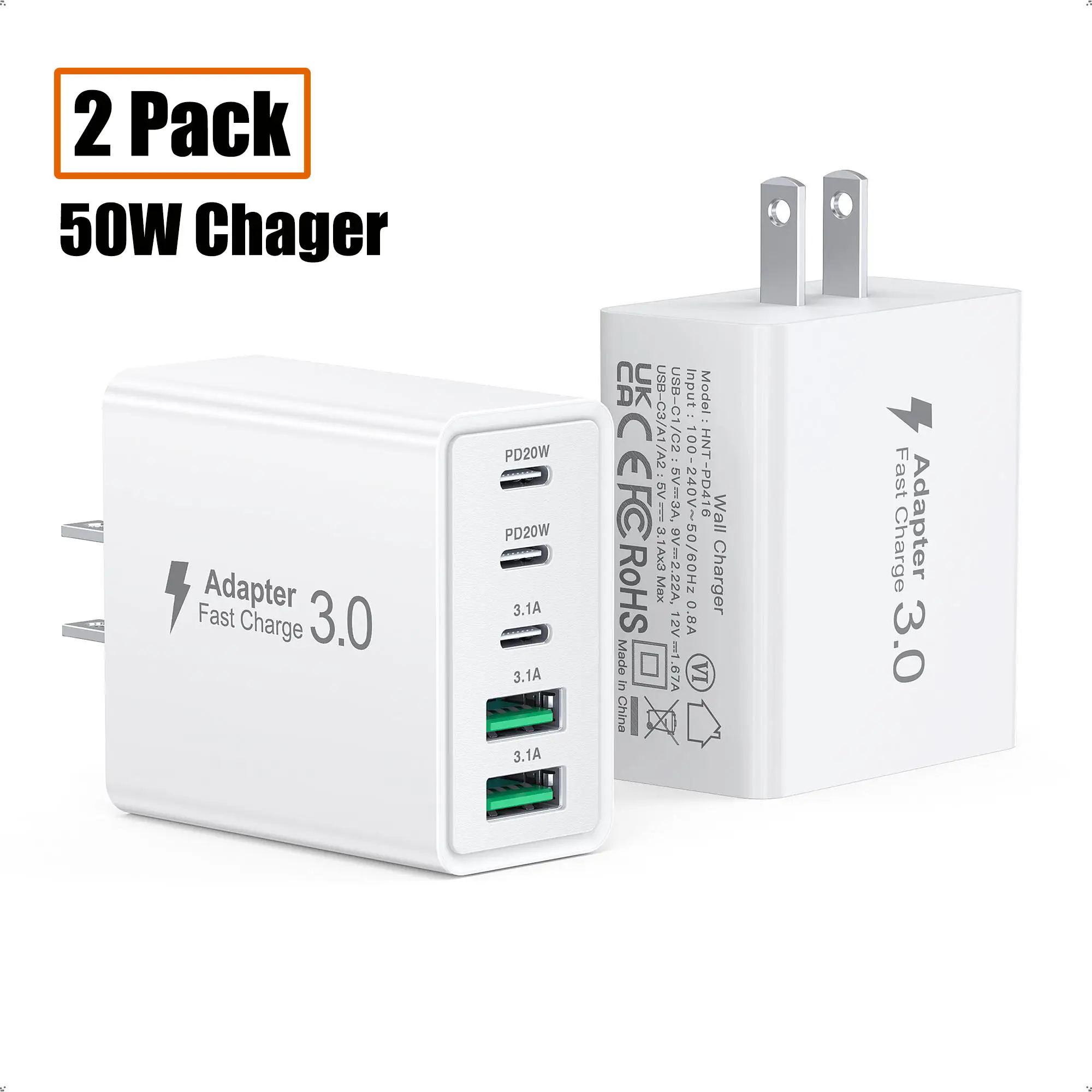 50W USB C Wall Block, Portable 2Pack 5-Port C Fast Charging Block Dual PD Power Adapter&QC 3.0 Wall Plug Multiport Type C Charging Cube Brick for iP