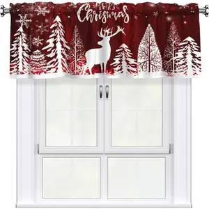 Merry Christmas Short Curtains Xtmas Trees Red Valance Curtain for Bedroom Windows 54"x18",Holiday Christmas  Kitchen  Window Curtains Rod Pocket Valances for Living Room Decor