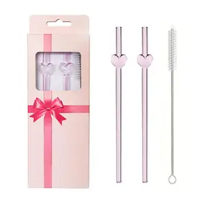 Heart Shaped Glass Straw Set, 3 Counts/set Including 2 Counts Straws & 1 Count Brush, Reusable Heat Resistant Straw, Drinkware Accessories
