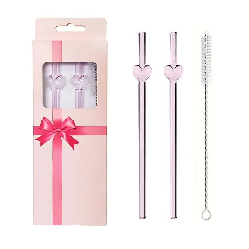Heart Shaped Glass Straw Set, 3 Counts/set Including 2 Counts Cute Straws & 1 Count Brush, Reusable Heat Resistant Straw, Drinking Straws, Drinkware Accessories