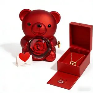 [gifts for Mother's Day] Gift Set - Red Rose Bear, exquisite heart-shaped pendant necklace with flowers and crystals, perfect for Valentine's Day, a wife's anniversary, Thanksgiving, Mother's Day, expressing love, and giving eternal roses.
