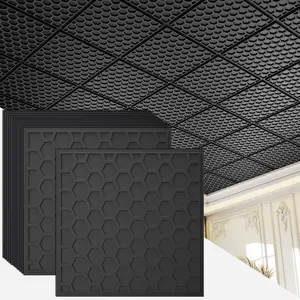 LOOYEE 24 PCS 2x2 FT Black Honeycomb Decorative Ceiling Tiles, 24x24 Inch 3D Modern Minimalist Ceiling Panels, PVC Waterproof Cuttable Material Ideal for Living Room Bedroom Cover 96 Sq.Ft