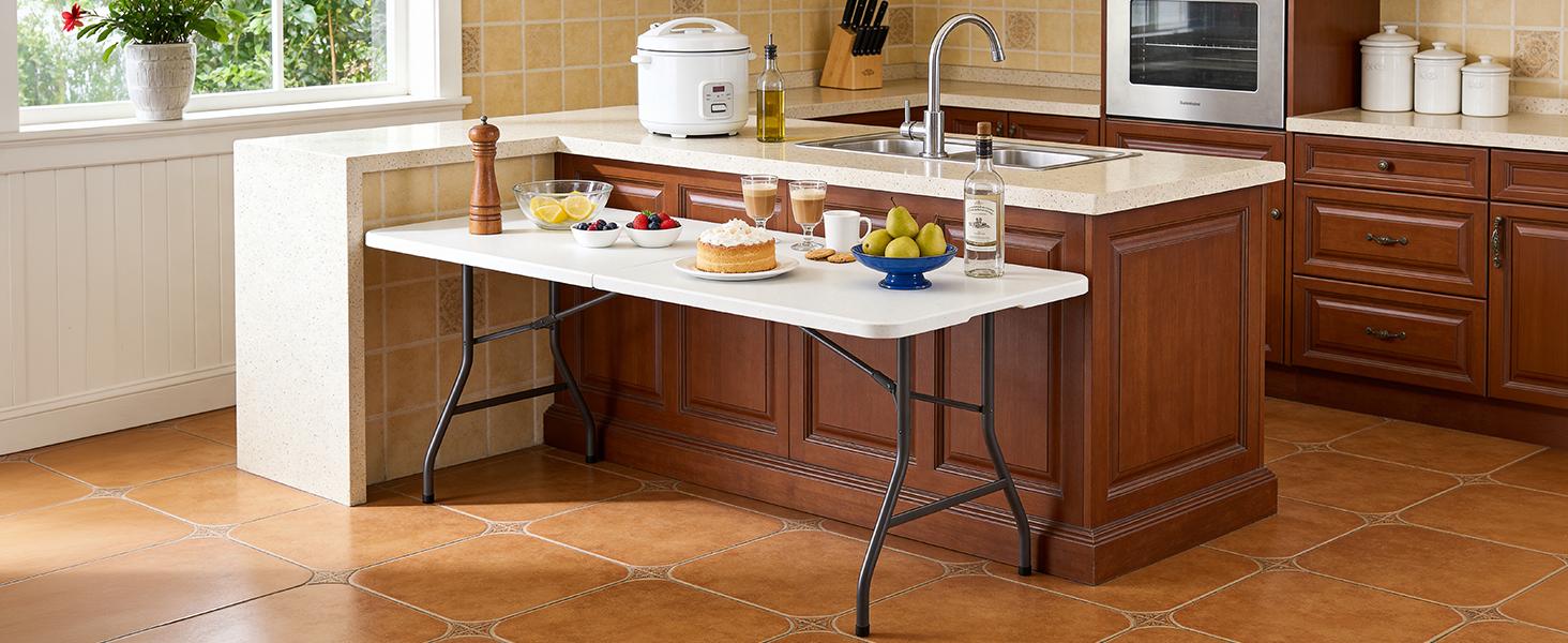 Make Changes  6 Feet Foldable Table with Carrying Handle, Heavy Duty Portable Fold-in-Half Utility Table for Party, Camping, Banquet, Craft, Wedding, Indoor & Outdoor Use